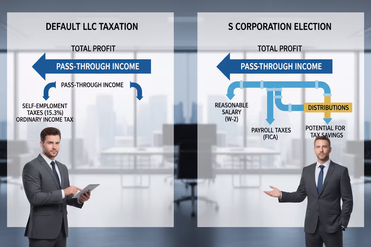 Business owner comparing default LLC taxation and S corporation election