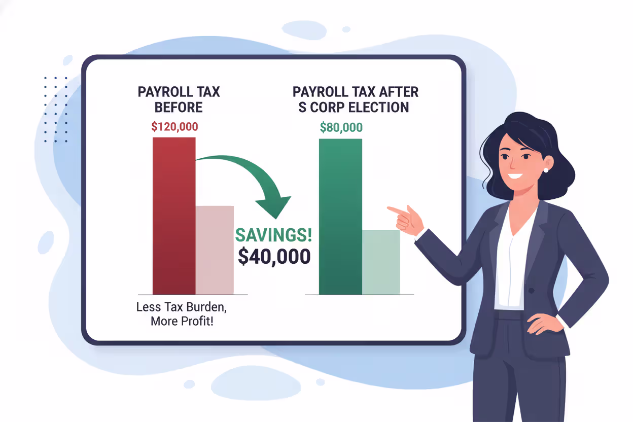 Business owner viewing payroll tax savings after S corp election