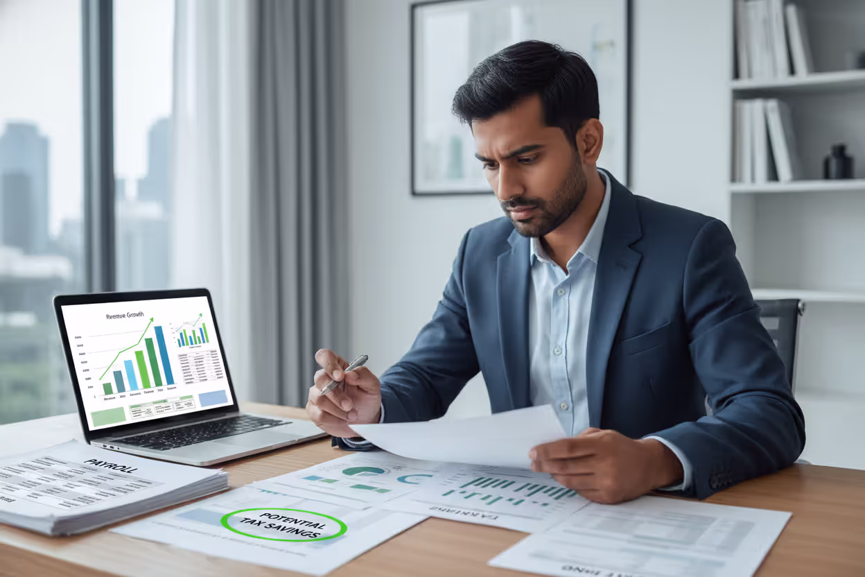 Business owner reviewing potential tax savings from S corp election