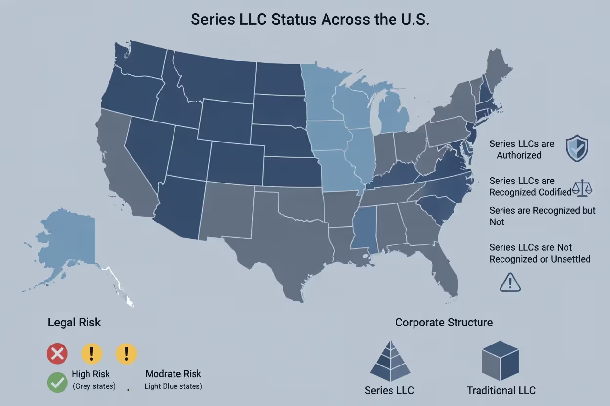 US map showing states that recognize series LLCs and areas of legal uncertainty